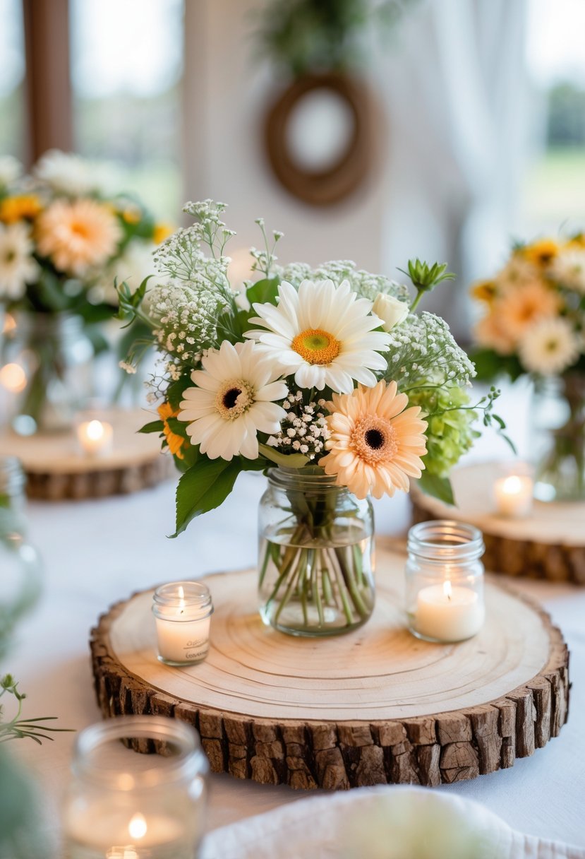 Wooden slices used as bases for wedding table centerpieces with flowers and candles on a decorated table.