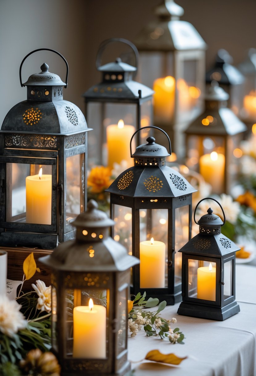 A wedding table decorated with vintage metal lanterns holding glowing LED candles surrounded by seasonal flowers and greenery.