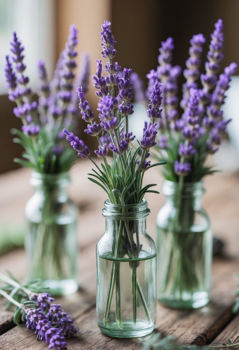 Sprigs of lavender in small clear glass bottles arranged on a wooden table.