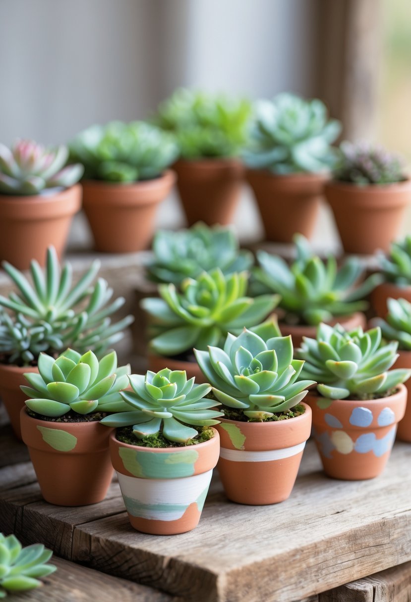 Mini succulent plants in painted terra cotta pots arranged on a wooden table as wedding decorations.