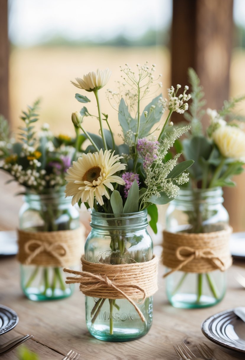 A wooden table with mason jars wrapped in twine holding wildflowers and greenery as wedding centerpieces.