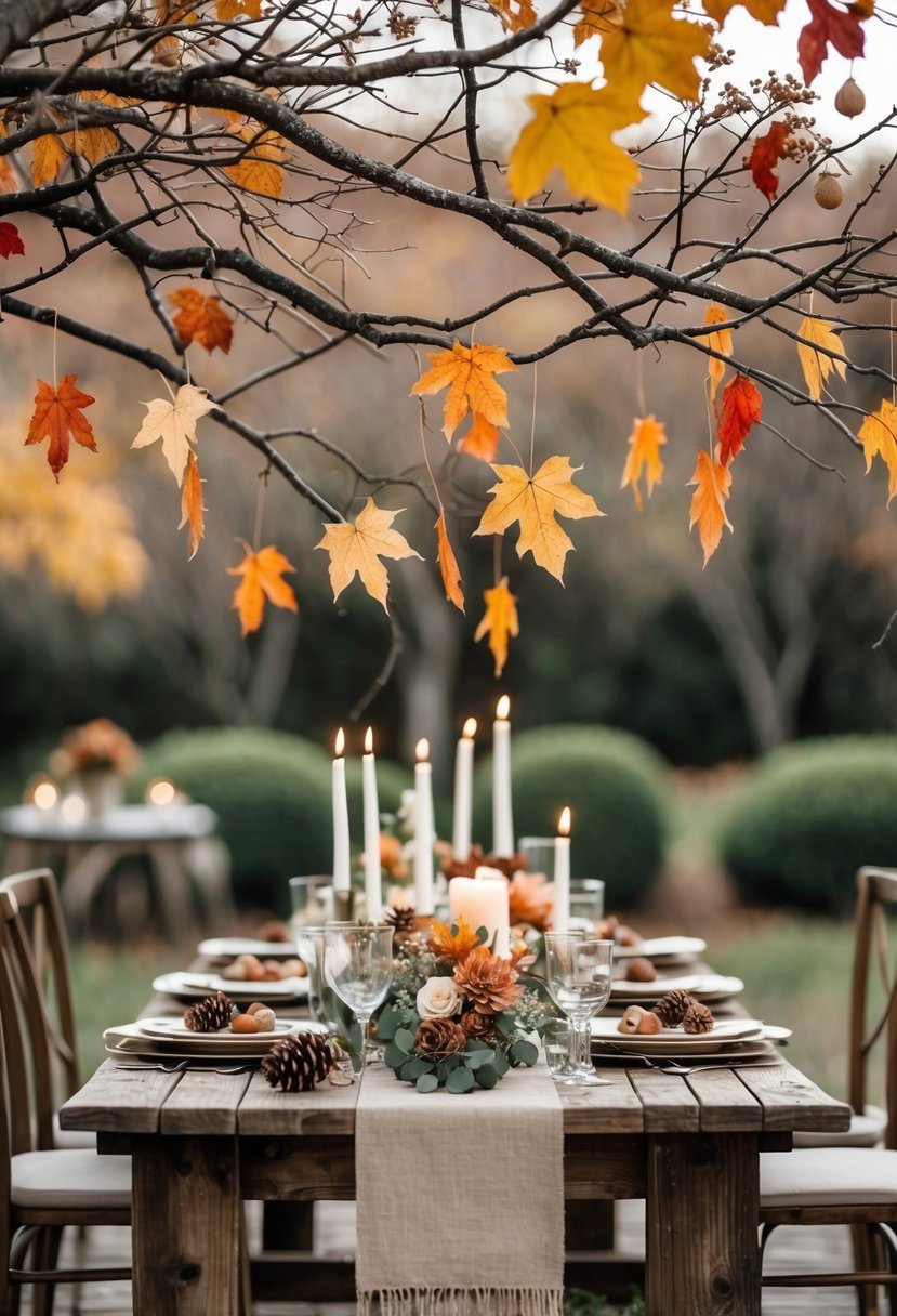 A wedding table decorated with hanging branches and colorful autumn leaves, featuring candles and simple floral arrangements.