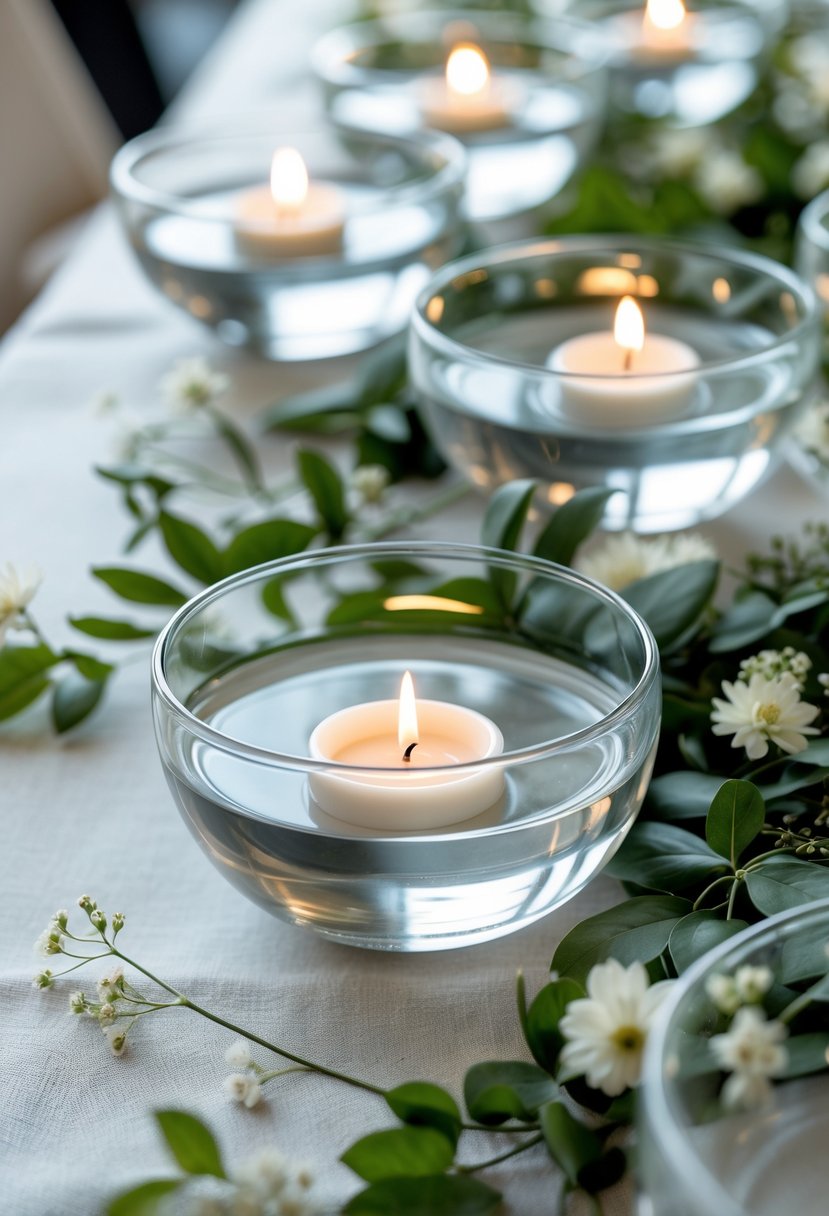 A wedding table decorated with clear glass bowls holding lit floating candles surrounded by green leaves and white flowers.