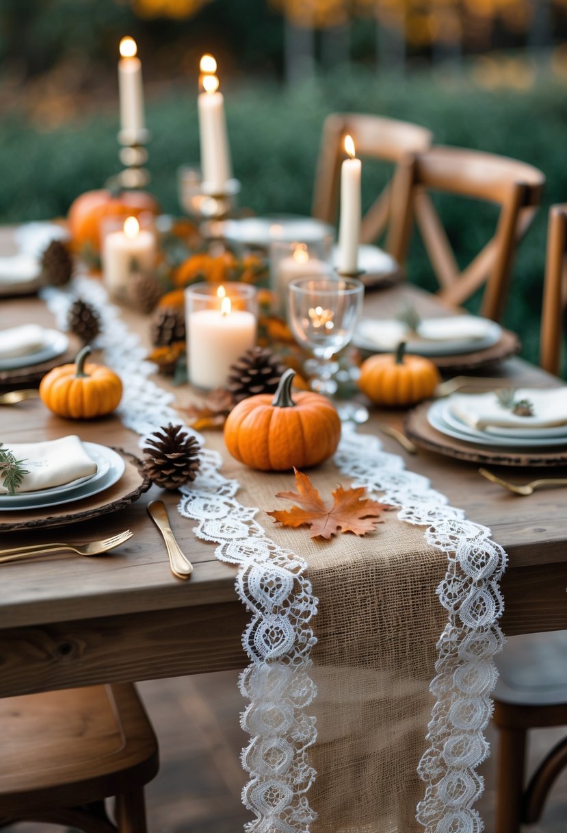 A wedding table decorated with burlap and lace runners, seasonal pumpkins, leaves, pinecones, and candles.
