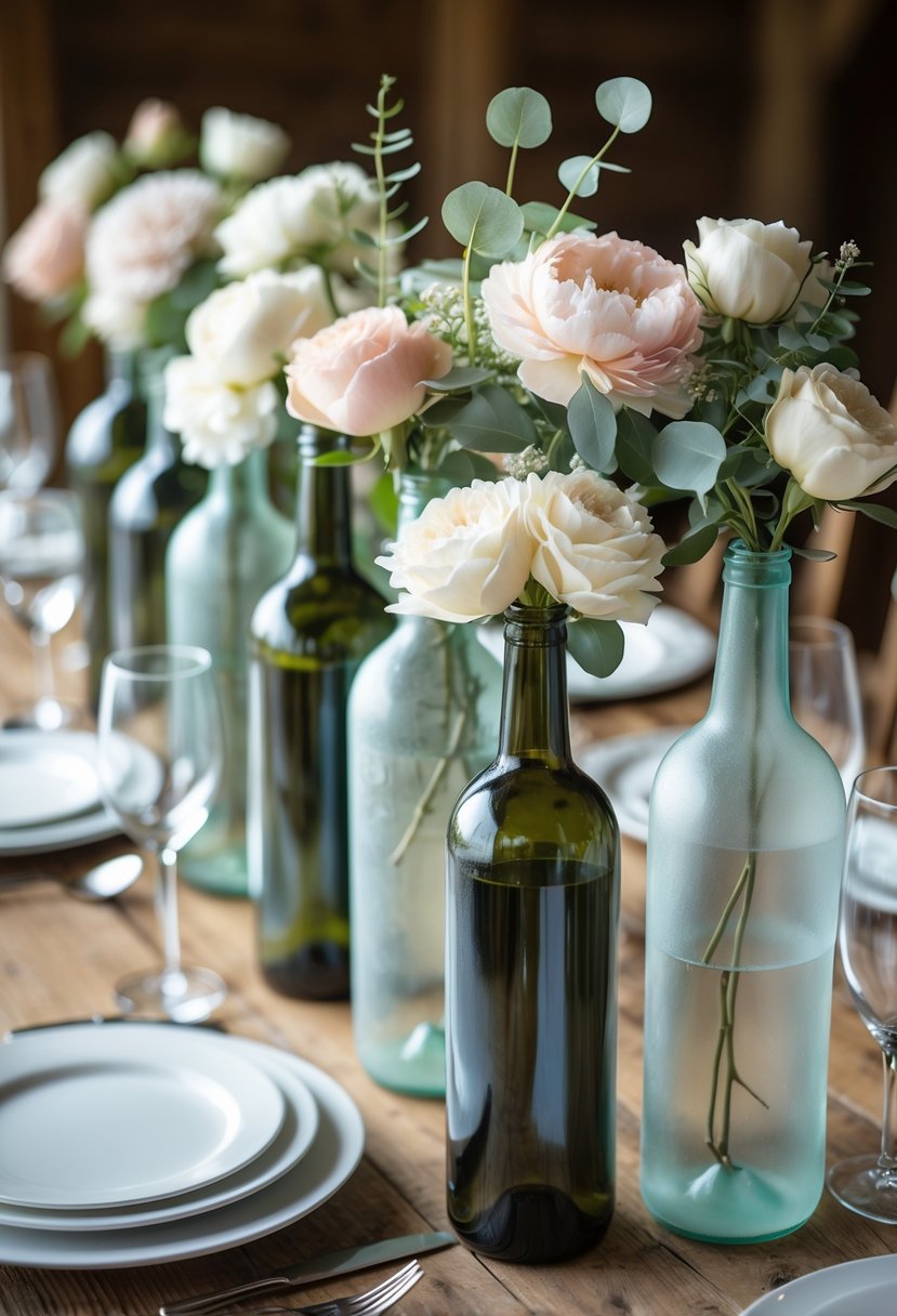 Wedding table decorated with repurposed wine bottles filled with fresh flowers arranged as vases on a wooden table set for a celebration.
