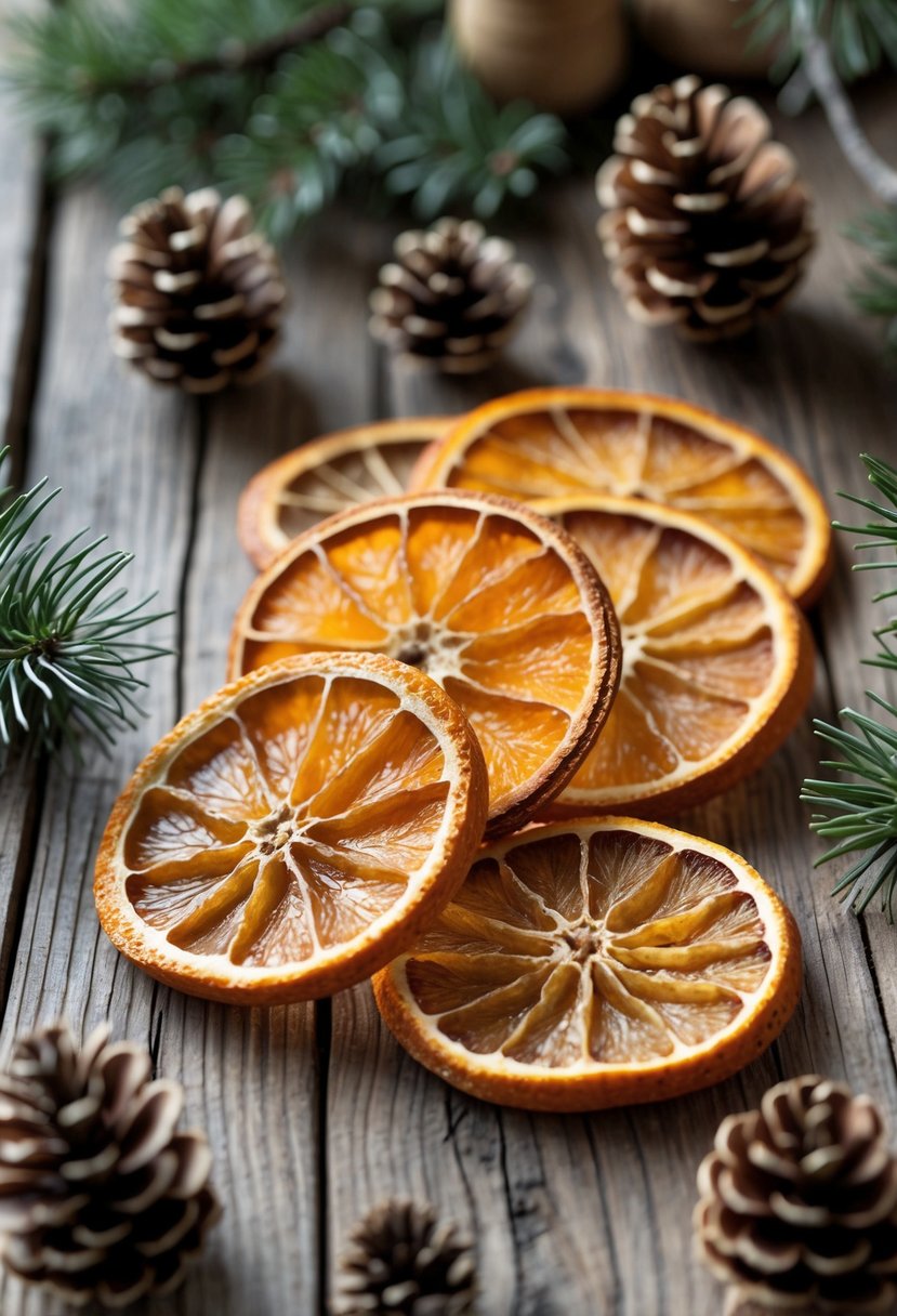 Close-up of dried orange slices arranged on a wooden table with pine cones and evergreen sprigs.