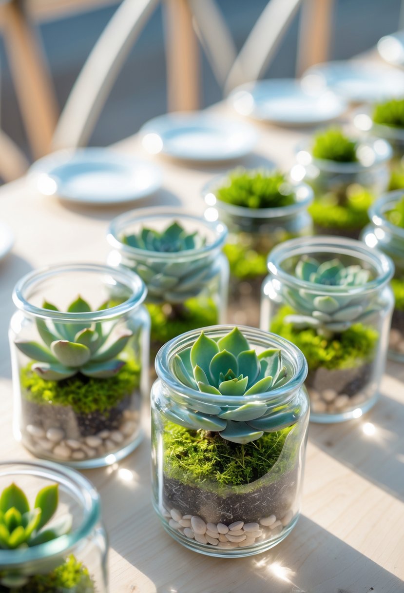 Several small glass jars with succulent plants arranged on a wooden table as wedding decorations.