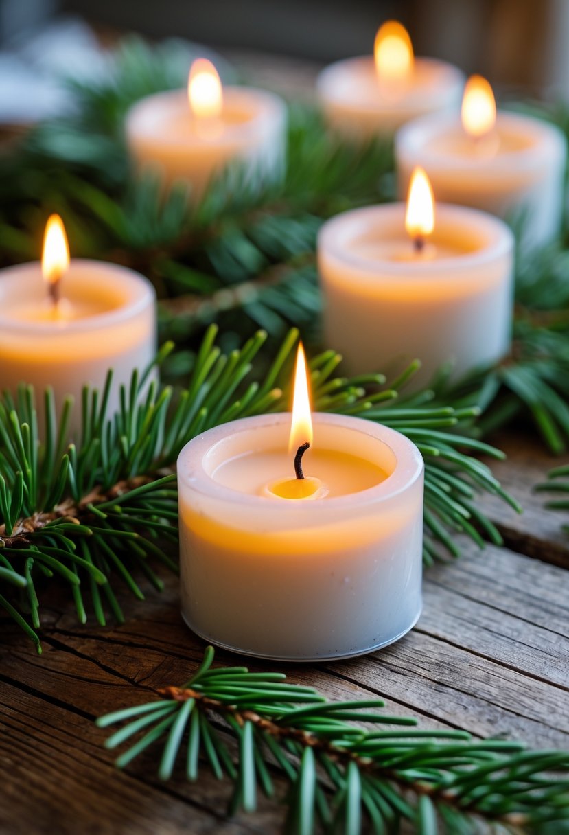 A close-up of clustered tea light candles surrounded by green pine needles on a wooden table.