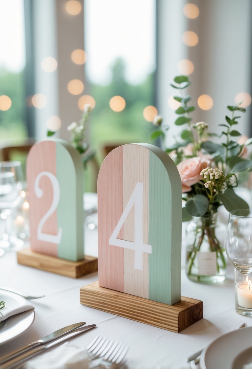 A wedding table with hand-painted wooden table numbers surrounded by small flower vases and greenery.