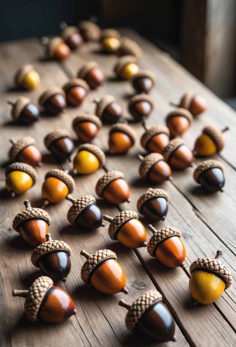 Hand-painted acorns scattered across a wooden table as seasonal wedding decorations.