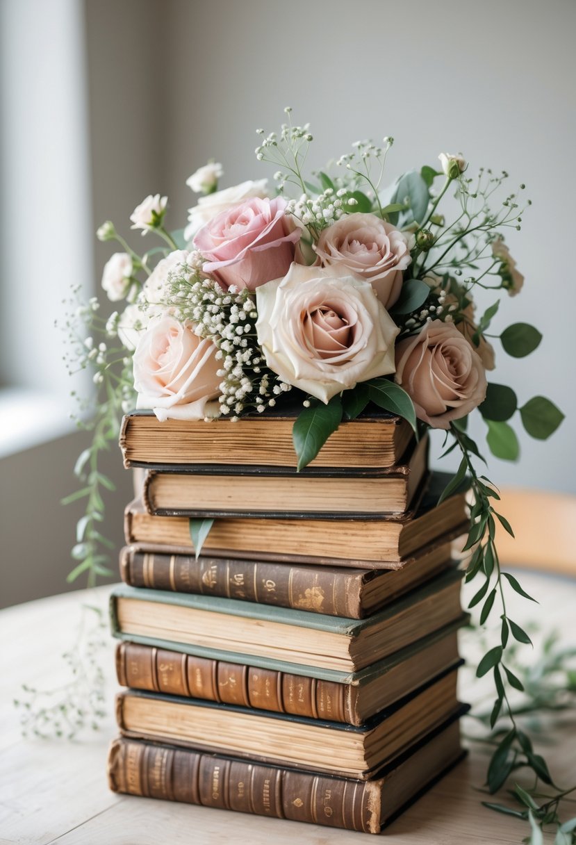A stack of vintage books decorated with pastel flowers arranged on a wooden table.