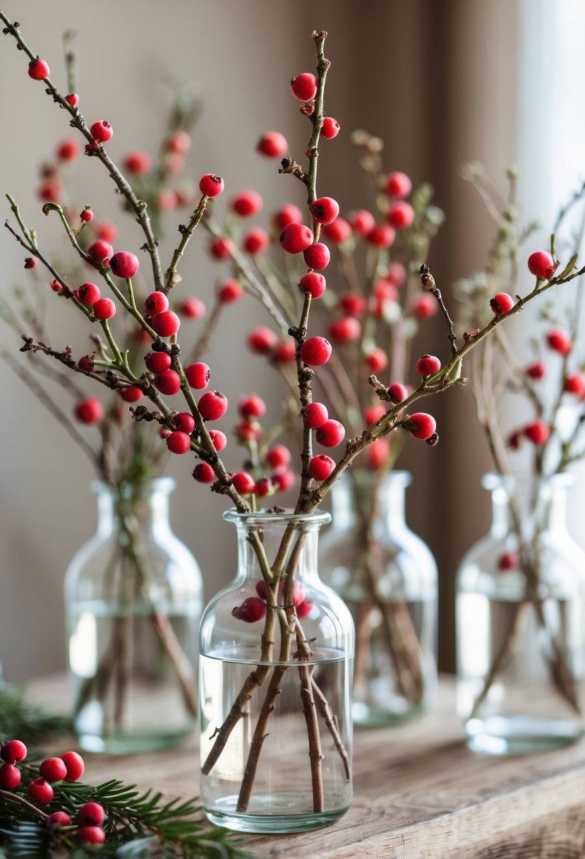 Winter berry branches in clear glass vases arranged on a wooden table.