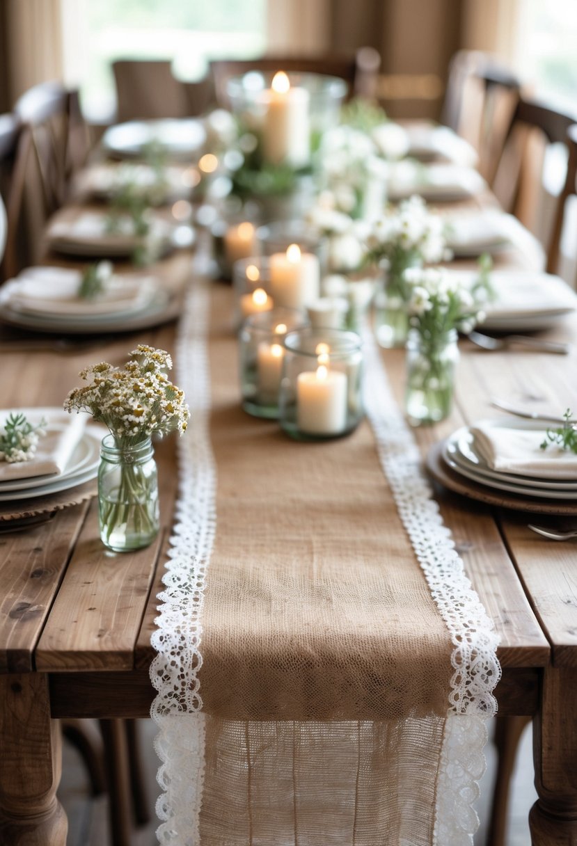 A wooden table decorated with burlap runners trimmed with white lace, wildflowers in jars, and candles.