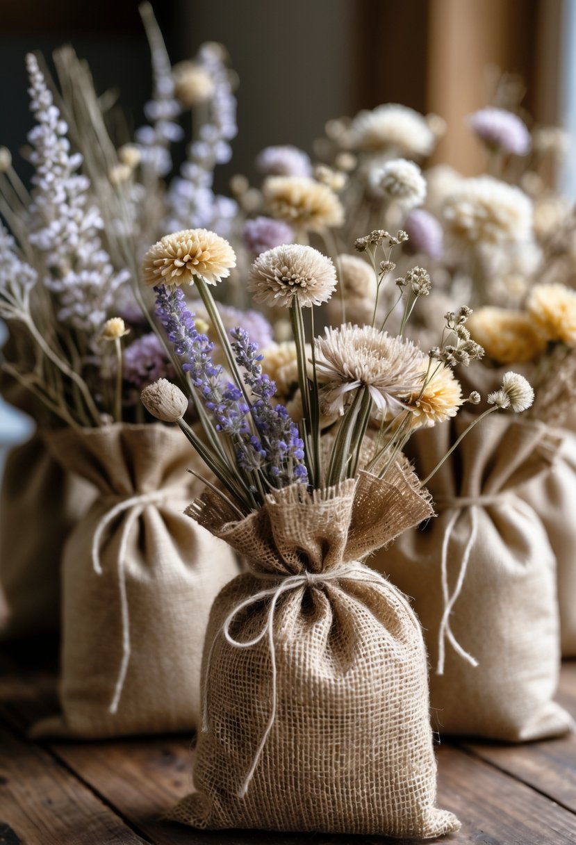 Rustic burlap pouches filled with dried flowers arranged on a wooden table.