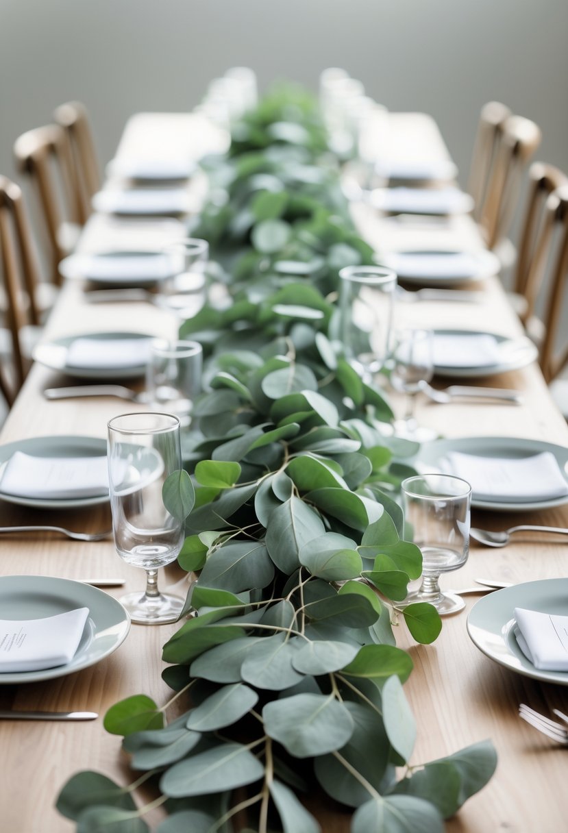 A wedding table decorated with simple eucalyptus garlands running down the center, surrounded by white plates and glassware.