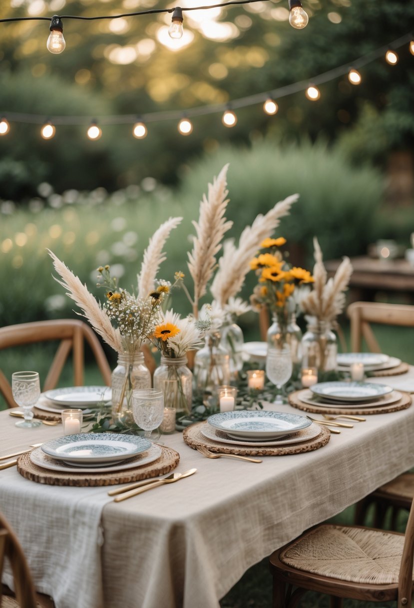 A wedding table set outdoors with natural linens, wildflower centerpieces, candles, and rustic tableware under string lights in a garden setting.