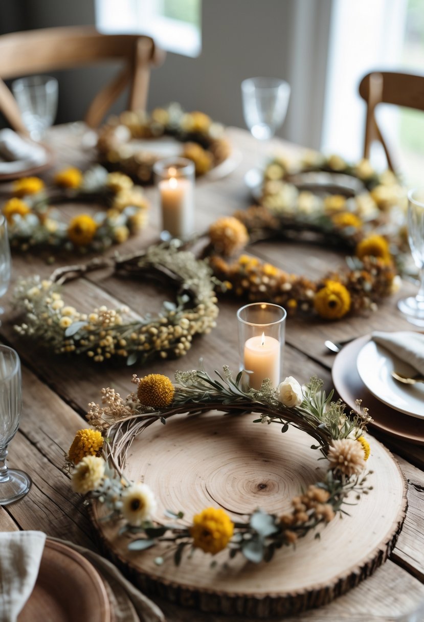 A wooden table decorated with sun-dried floral crowns, linen napkins, glassware, and candles arranged for a wedding.