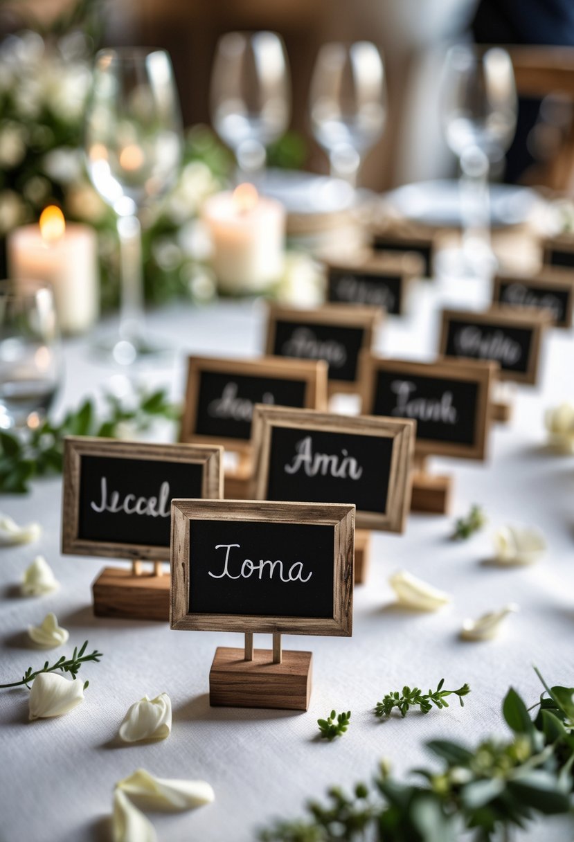 A wedding table with small wooden-framed chalkboard place cards arranged among flowers and greenery.