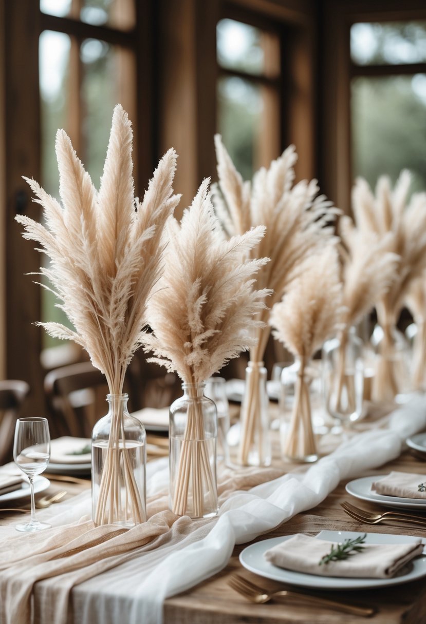 A wedding table with dried pampas grass centerpieces in clear vases and simple rustic decorations.