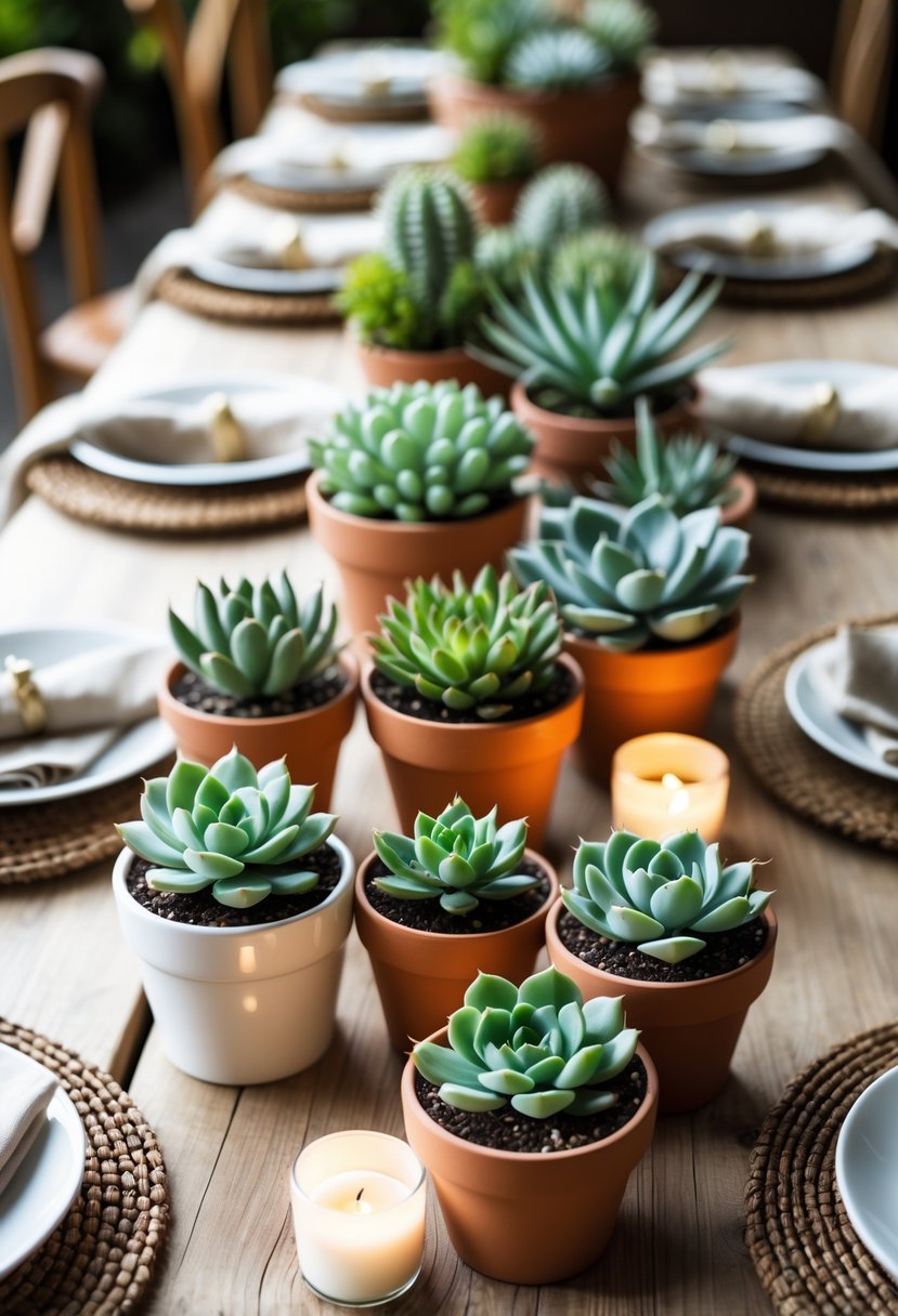 A wedding table decorated with small potted succulents in terracotta and ceramic pots, surrounded by candles and woven placemats.
