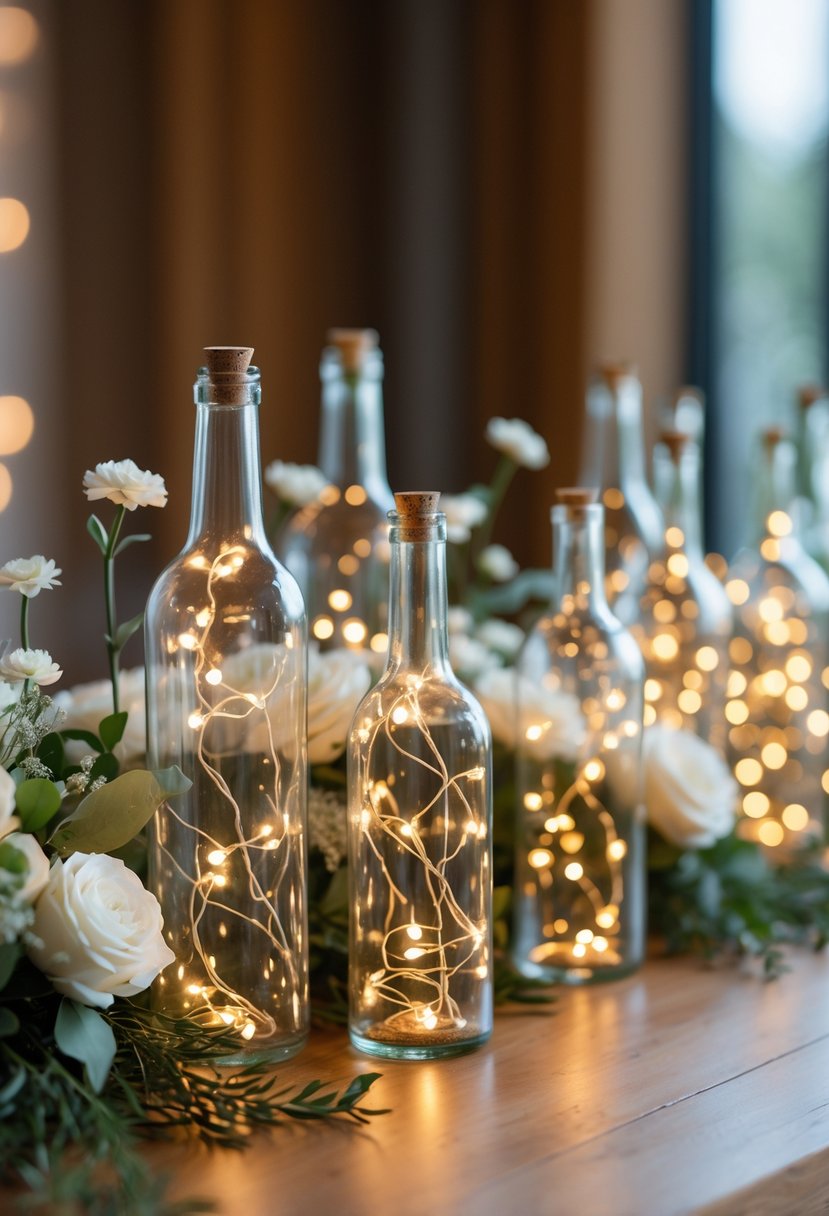 A wedding table decorated with glass bottles containing warm white twinkle lights and surrounded by white and green floral arrangements.