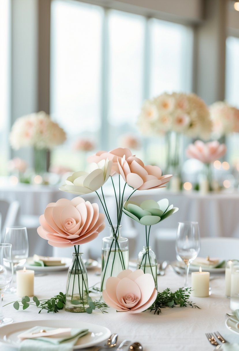 Wedding tables decorated with pastel paper flower centerpieces in glass vases, white tablecloths, and small candles.