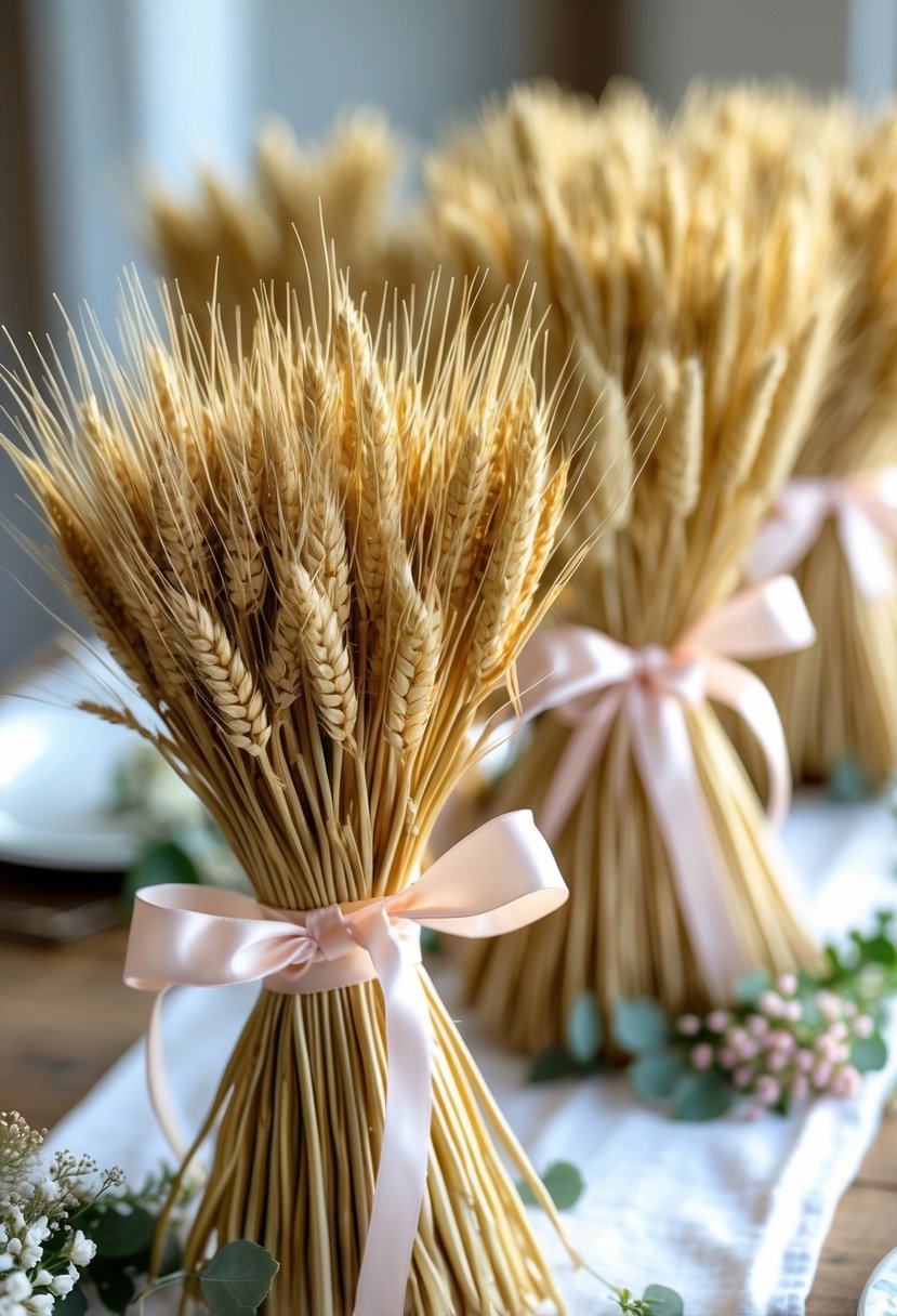 Wheat bundles tied with pastel ribbons arranged on a wedding table with greenery and flowers.