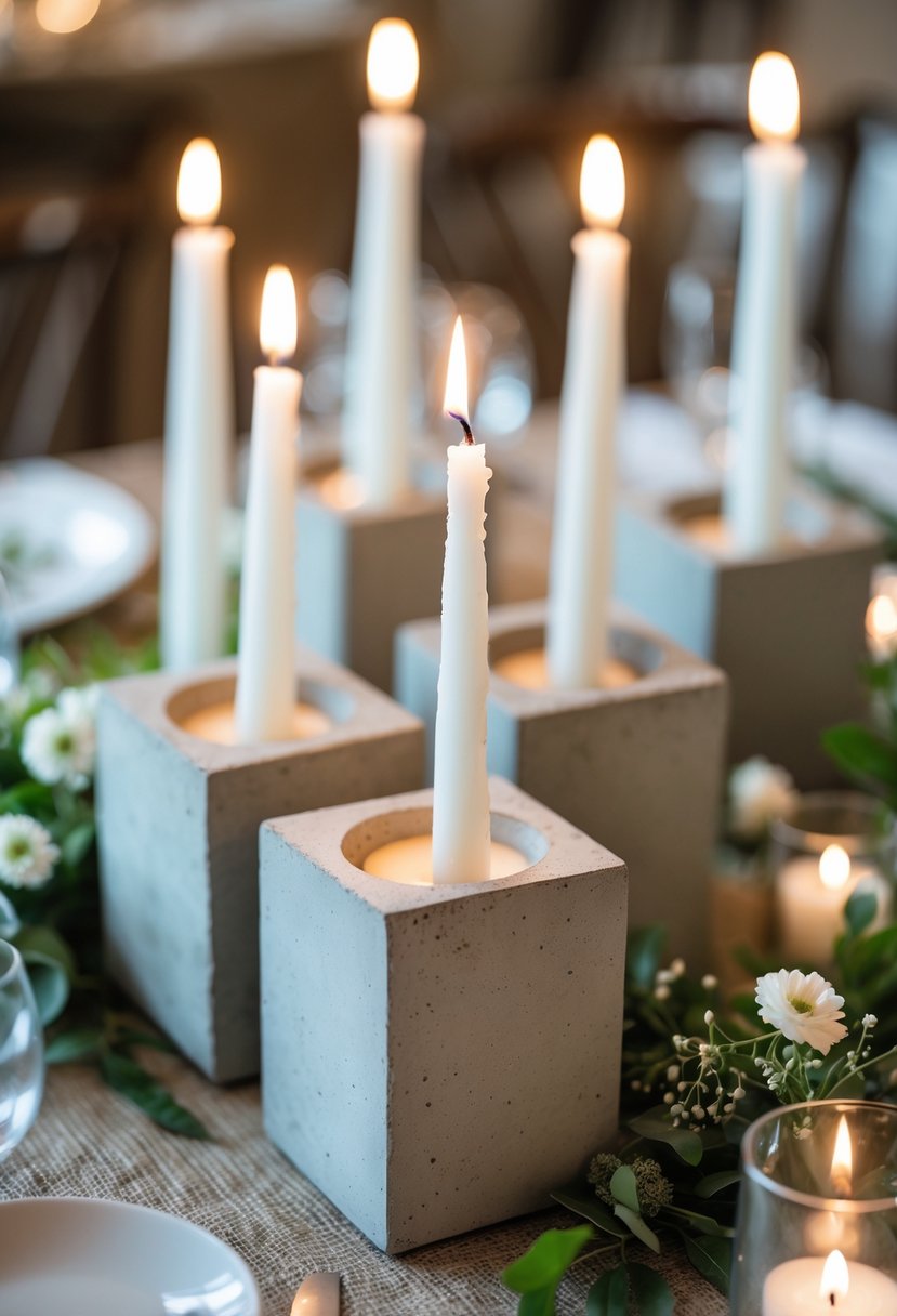 A wedding table with modern concrete candle holders holding lit white candles, decorated with greenery and small white flowers.