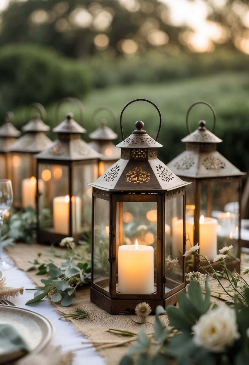 A table decorated with vintage lanterns containing glowing LED candles surrounded by greenery and flowers.
