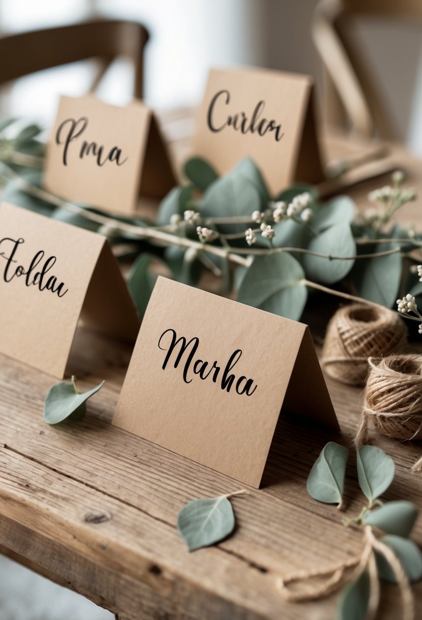 A wooden table with handwritten kraft paper place cards surrounded by small dried flowers and greenery.
