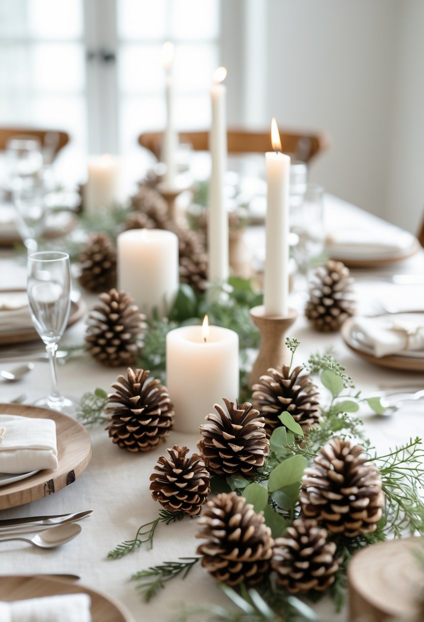 A wedding table decorated with pinecones, candles, greenery, and wooden accents.