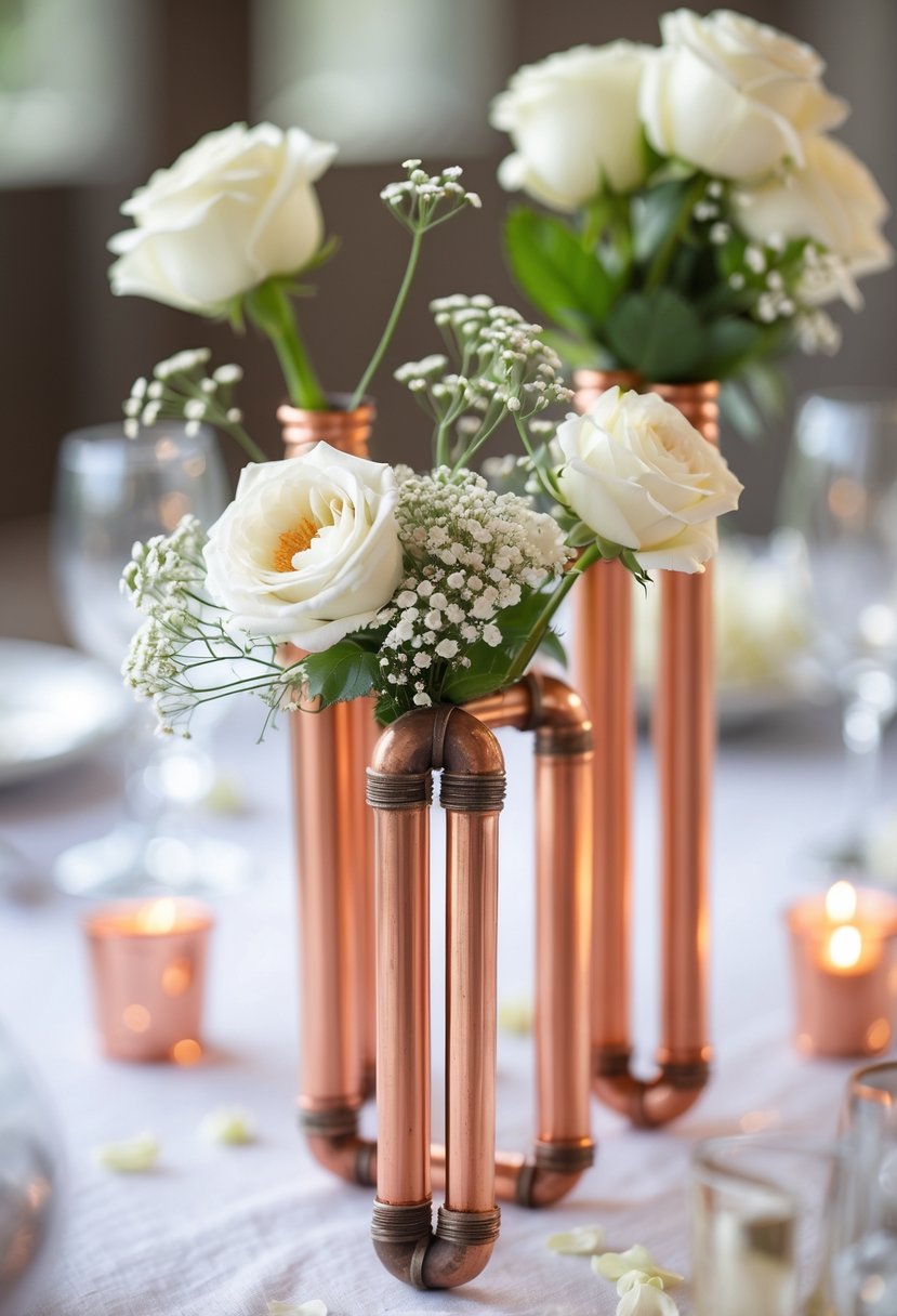 A wedding table with copper pipe vase holders containing white flowers and greenery on a white tablecloth.