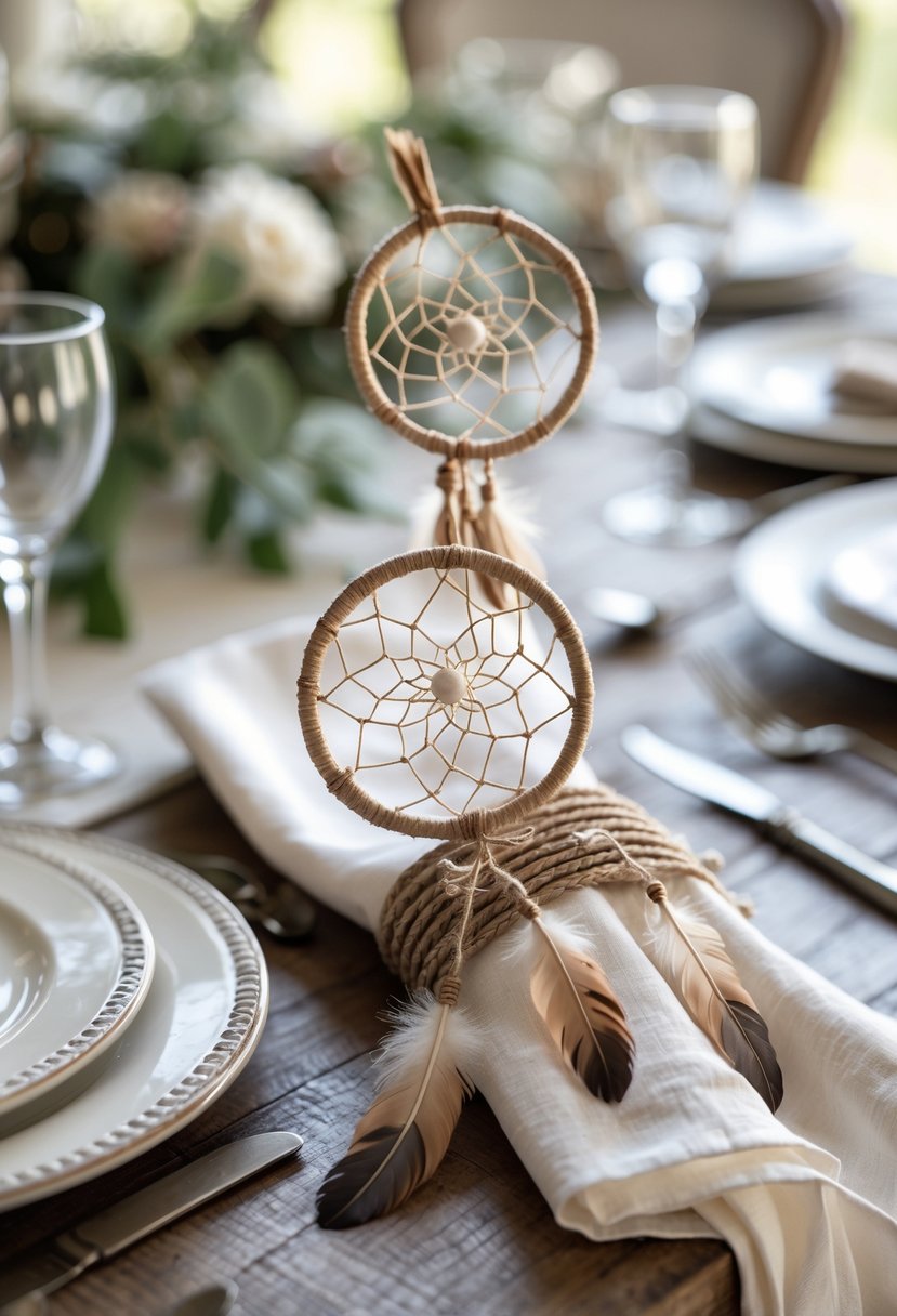 Close-up of mini dreamcatchers used as napkin holders on a wedding table set with plates, silverware, and glassware.