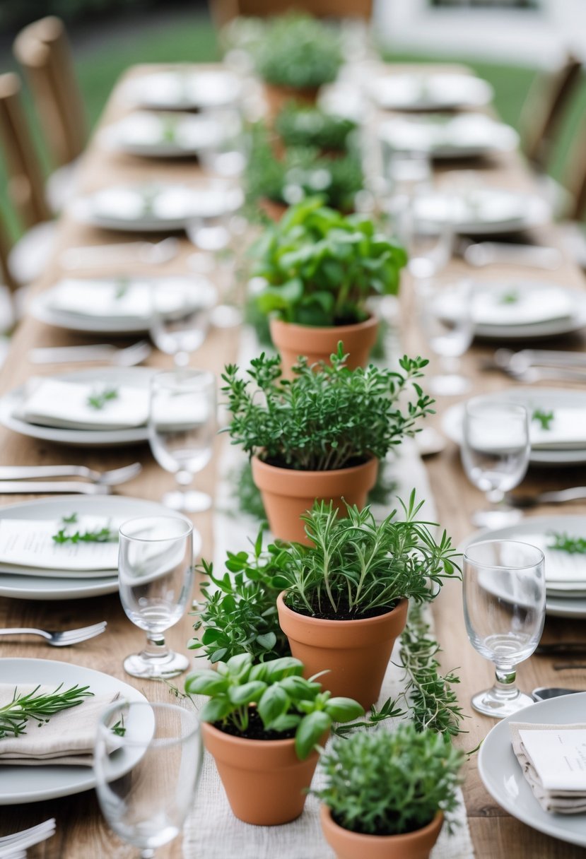 Mini potted herb plants arranged on a wooden wedding table with plates and glassware.