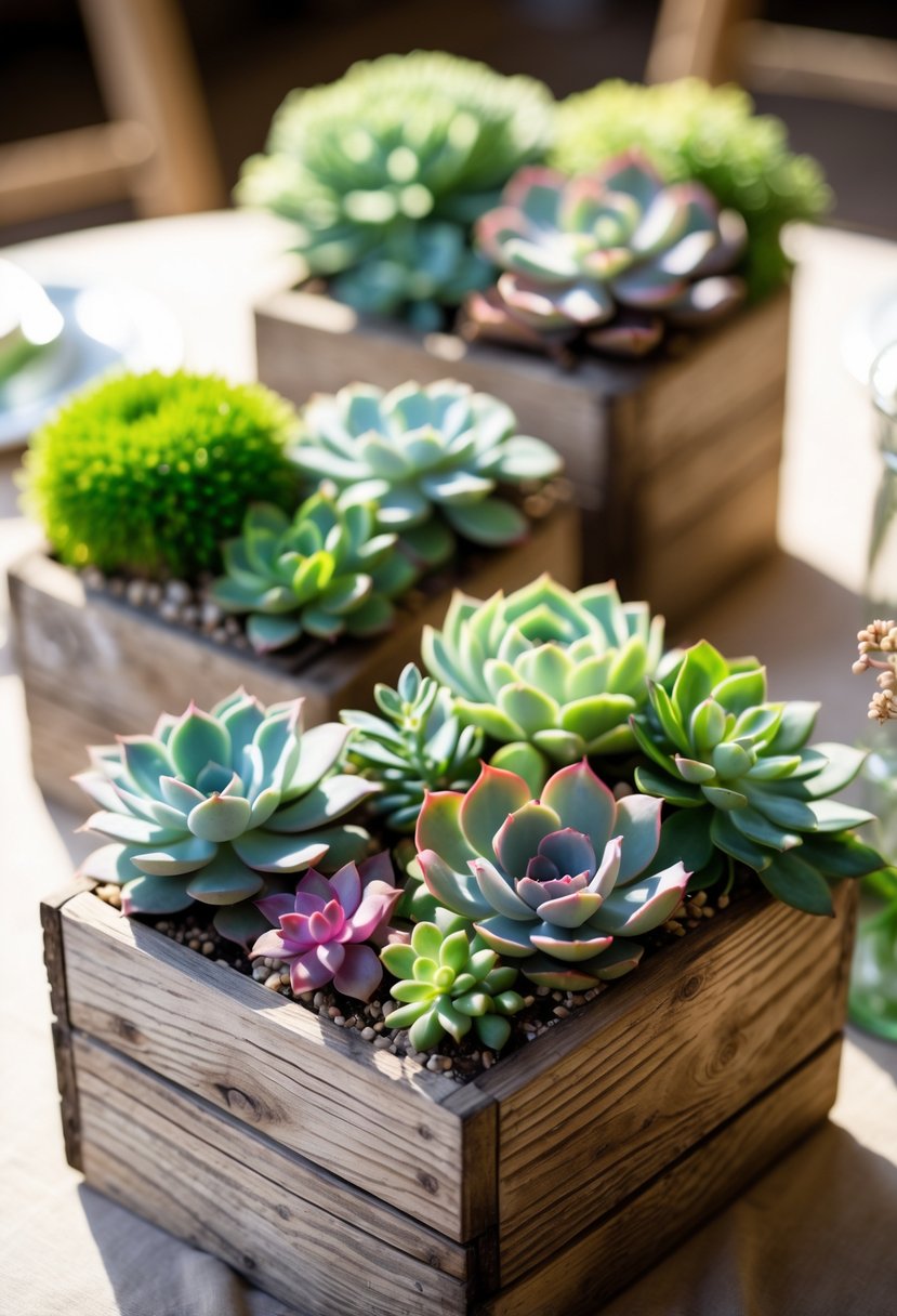 Wooden boxes filled with various green succulents arranged on a table as wedding decorations.