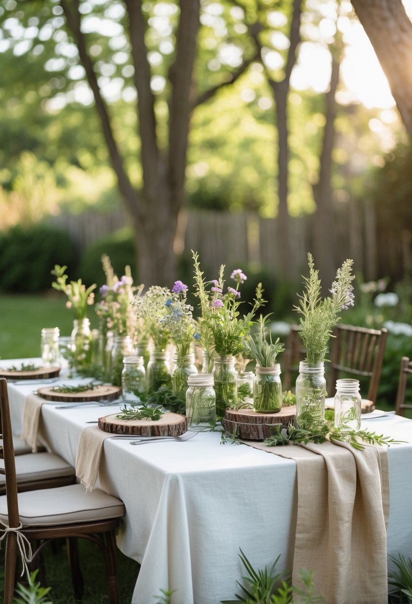 A wedding table set outdoors with wildflowers in jars, potted plants, wooden accents, and simple white linens in a garden.