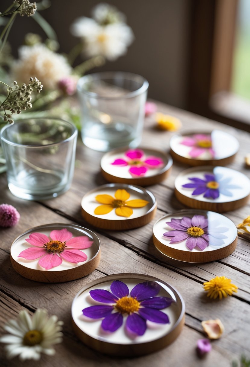 A set of pressed flower coasters on a wooden table surrounded by dried flower petals and glassware.