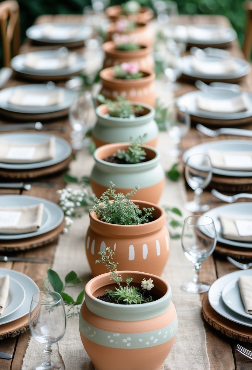 A wedding table decorated with painted terra cotta pots filled with green plants and flowers, set with plates and glassware on a wooden surface.