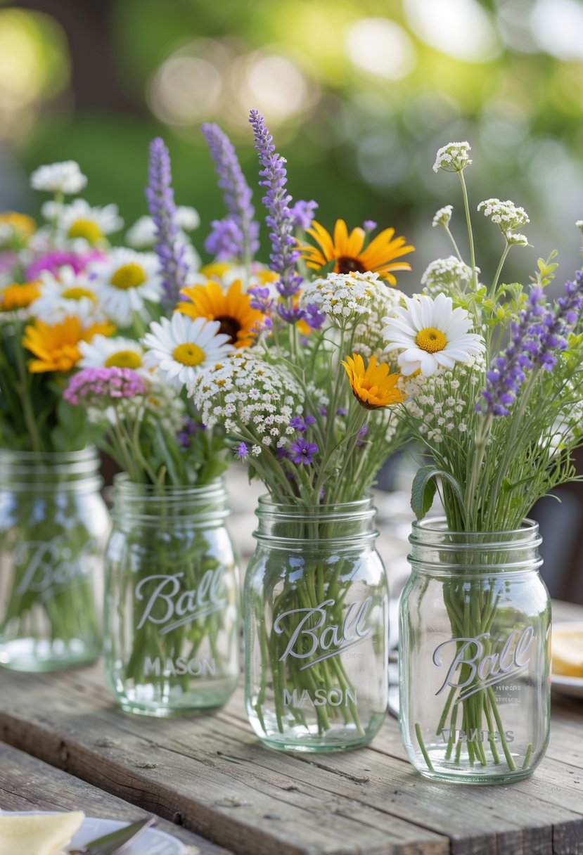 Several Mason jars filled with colorful wildflowers arranged on a wooden table as wedding decorations.