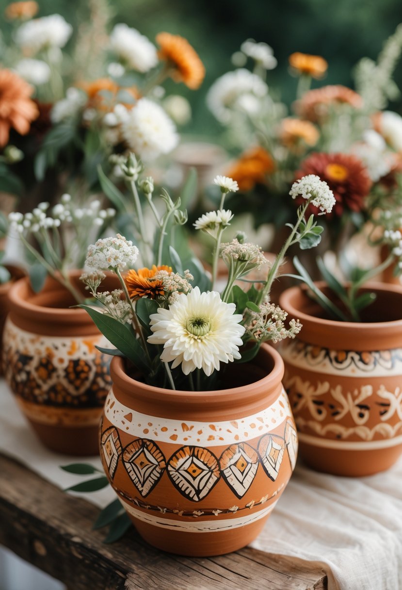 Wedding table decorated with hand-painted terracotta pots filled with wildflowers and greenery.