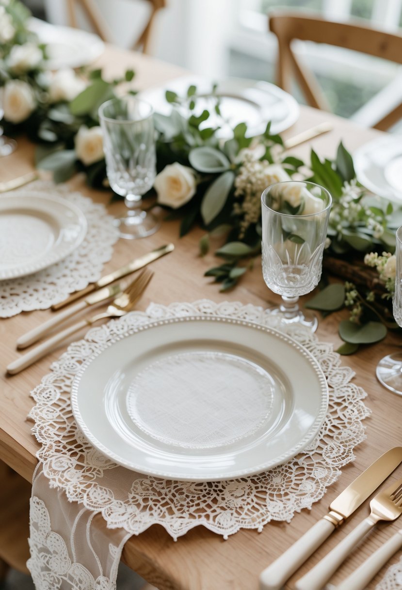 A wedding table with lace doilies under glass plates and simple floral decorations.