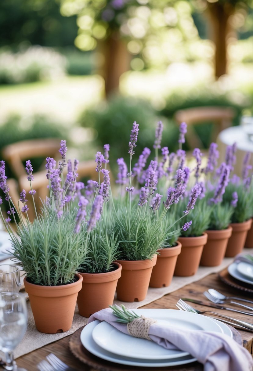A wedding table with small pots of blooming lavender plants as centerpieces in an outdoor garden setting.