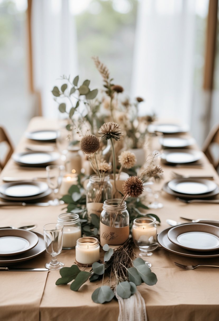 A wedding table set with brown kraft paper tablecloths, decorated with dried flowers, candles, and simple tableware.