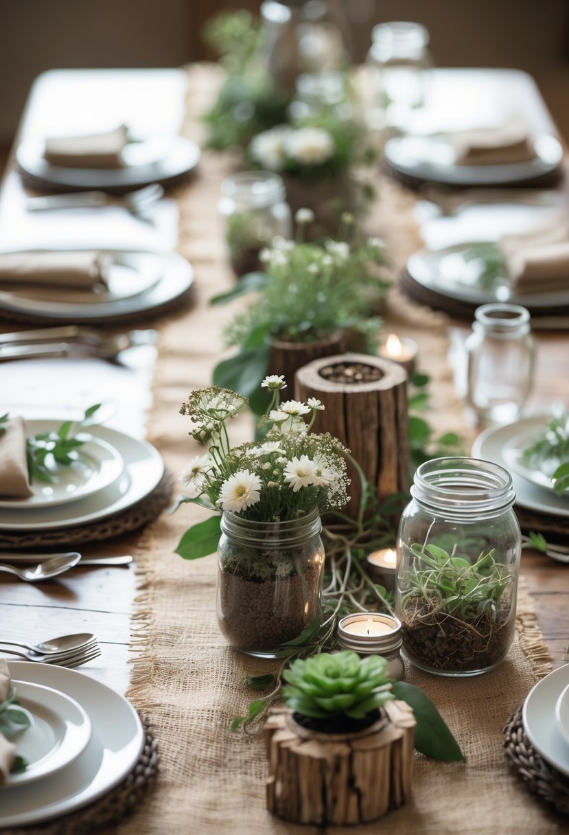 A wedding table decorated with burlap runners, wildflowers in jars, potted plants, and simple place settings.