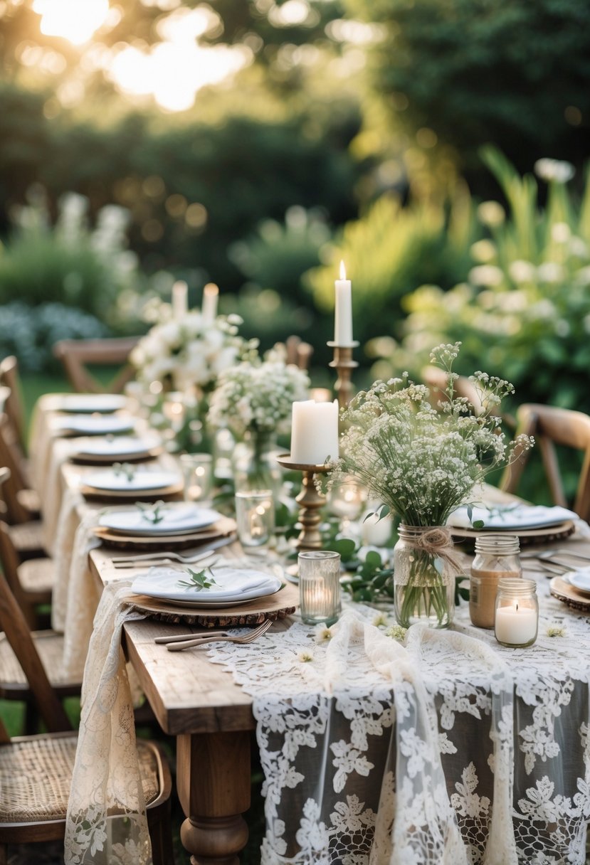 Outdoor wedding table decorated with lace tablecloths, wildflower centerpieces, candles, and natural wood accents in a garden setting.