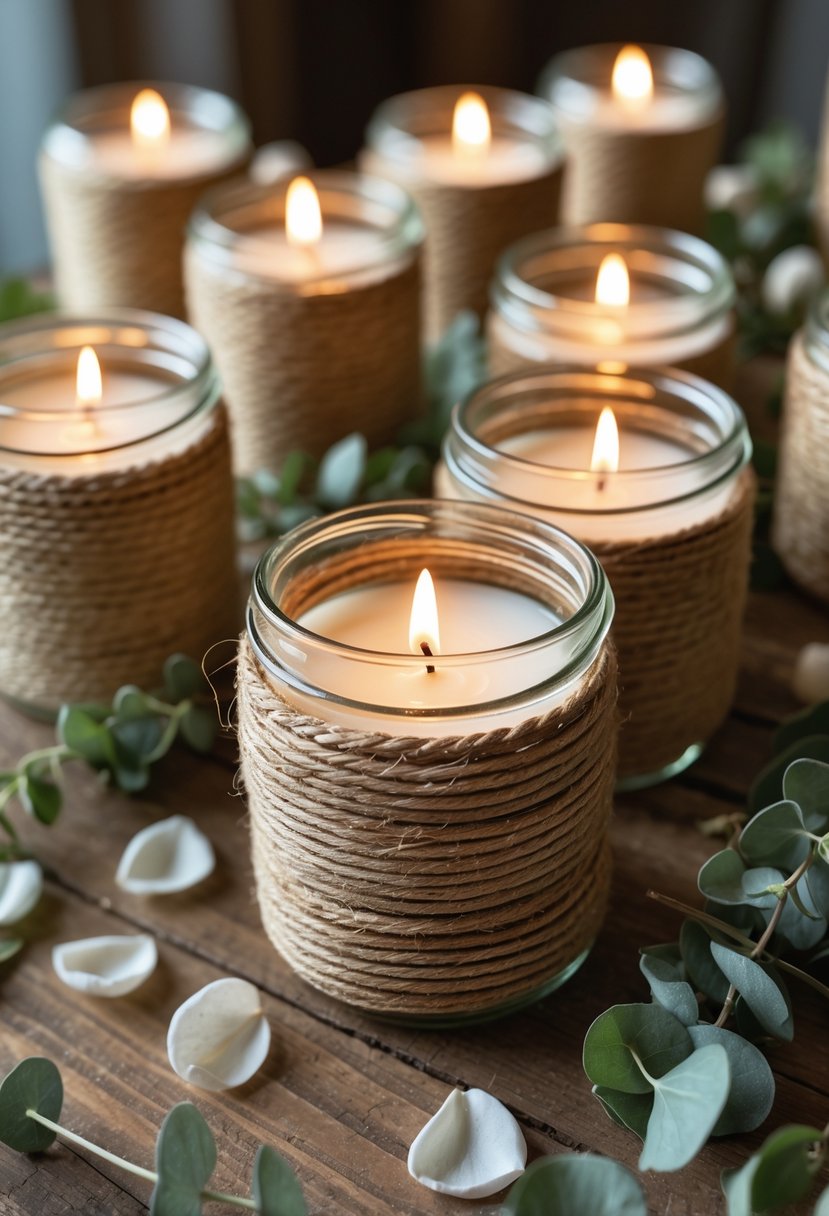Close-up of twine-wrapped glass candle holders with lit candles on a wooden table decorated with dried flowers and leaves.