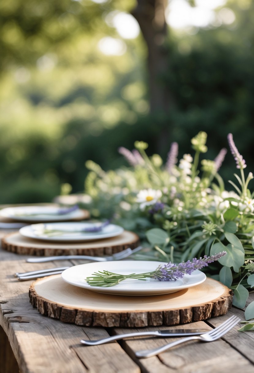 A rustic outdoor wedding table with wooden slice placemats, white plates, silver cutlery, and green foliage decorations.