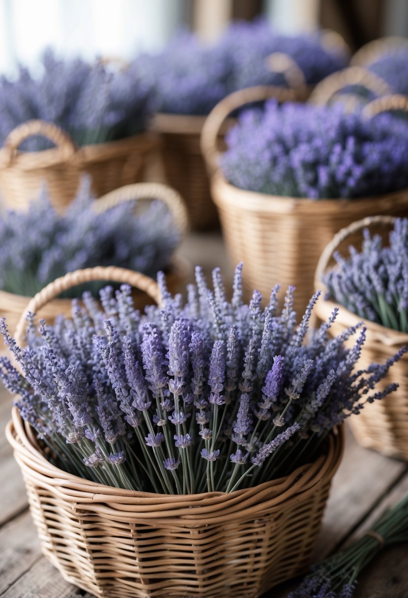 Wicker baskets filled with dried lavender arranged on a wooden table.