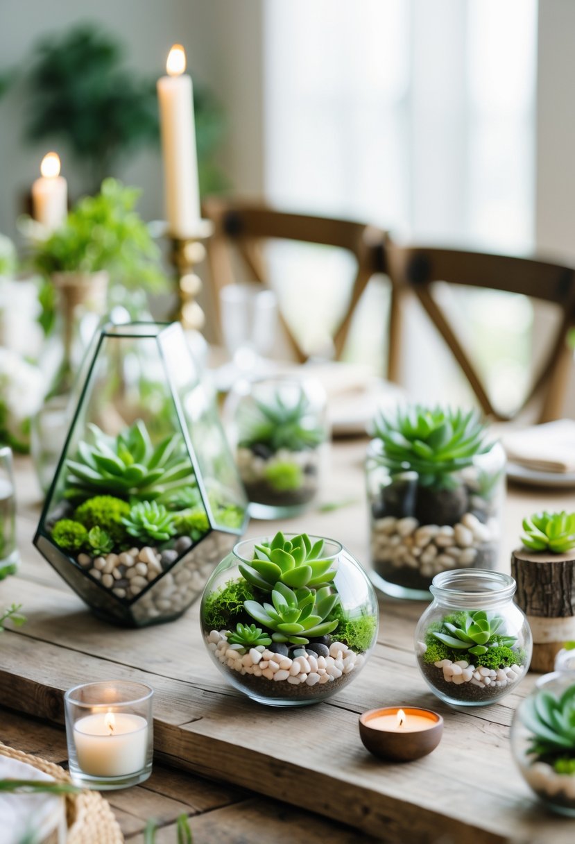 Several glass containers filled with green succulent plants arranged on a wooden table as wedding decorations.