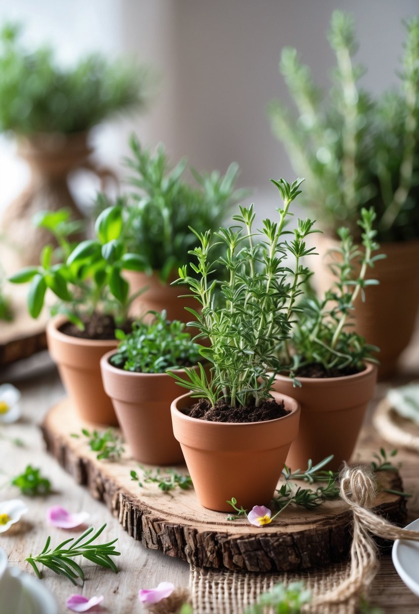 Mini herb pots filled with fresh green herbs arranged on a wooden table as wedding decorations.